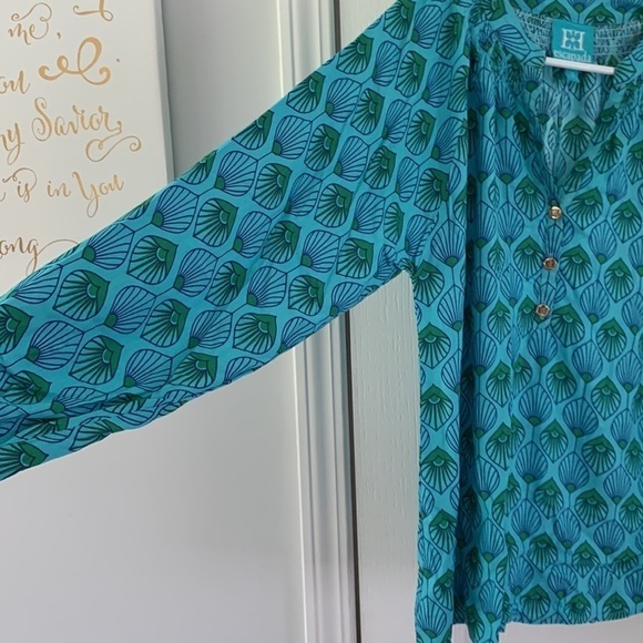 Escapada blue teal top blouse printed size Small peacock print smocked neck - Picture 8 of 14